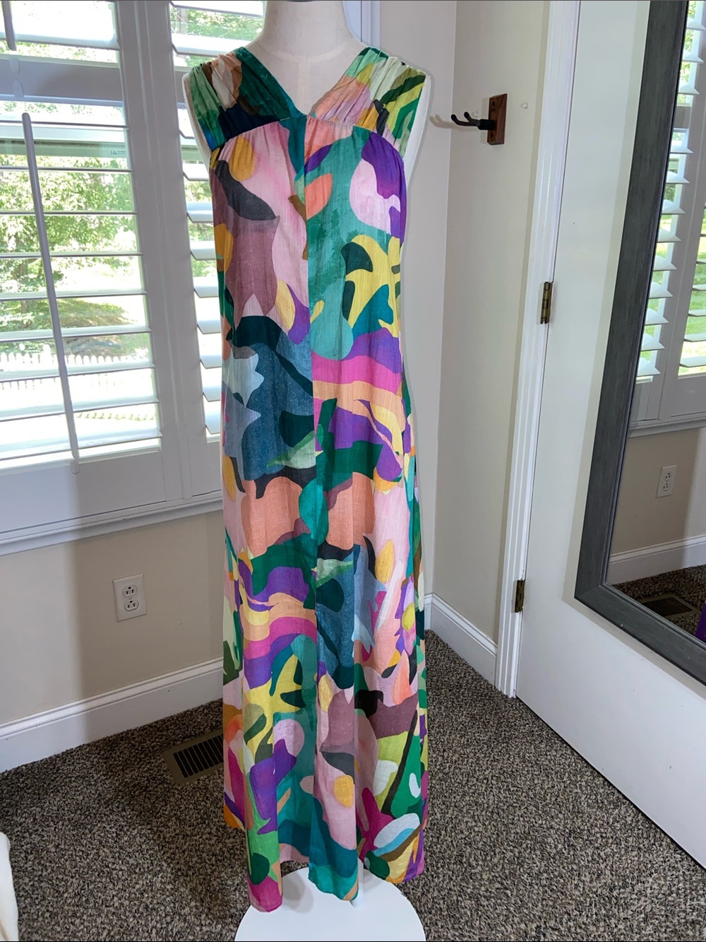 Anthropologie Naomi Reis Abstract Maxi Dress Sz M Front Slit Bow Artsy Dopamine